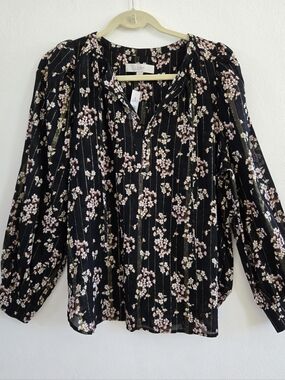 LOFT Black Blouse with Pink Floral & Gold Pinstripe Size L